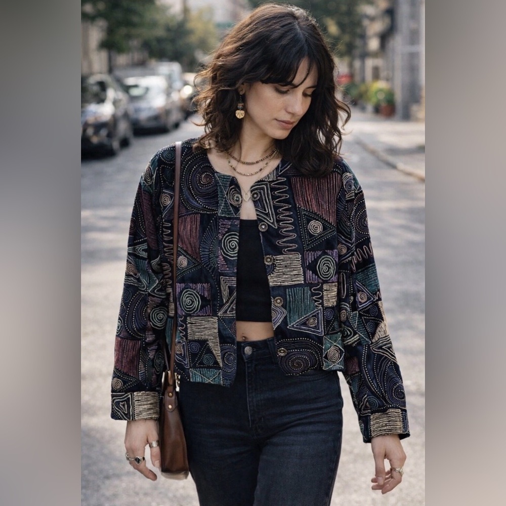 Vtg Geometric 80s 90s Velvet Jacket Sz L Festival Wearable Art To Wear Crop